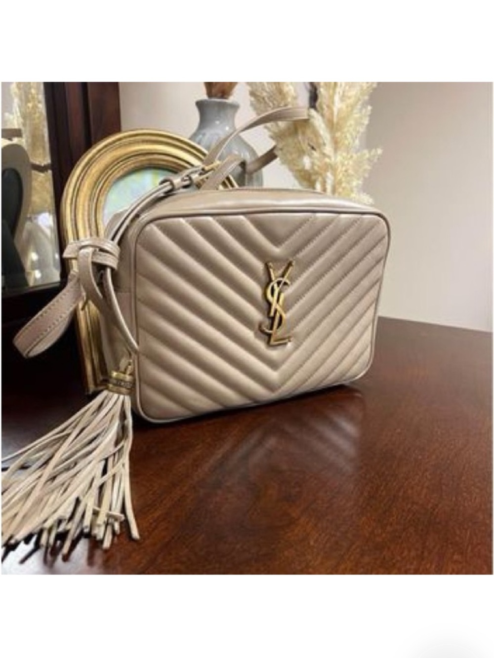 Yves Saint Laurent Taupe Quilted Leather Camera Bag with Tassels